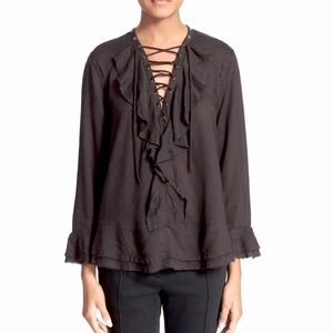 IRO Finley Black Lace Up Boho Ruffle Blouse. Size XS